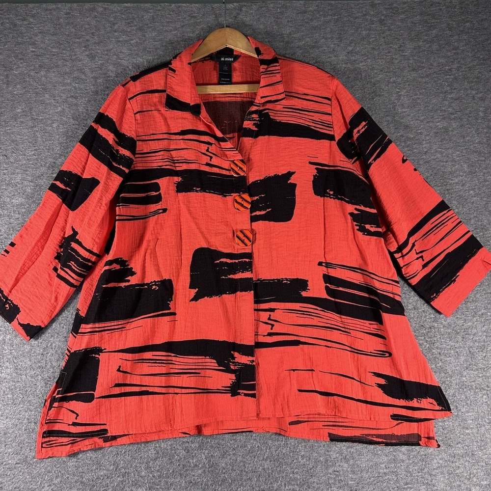 Ali Miles Red Black Abstract Art-to-Wear Button Tunic Buttons SZ Large Statement